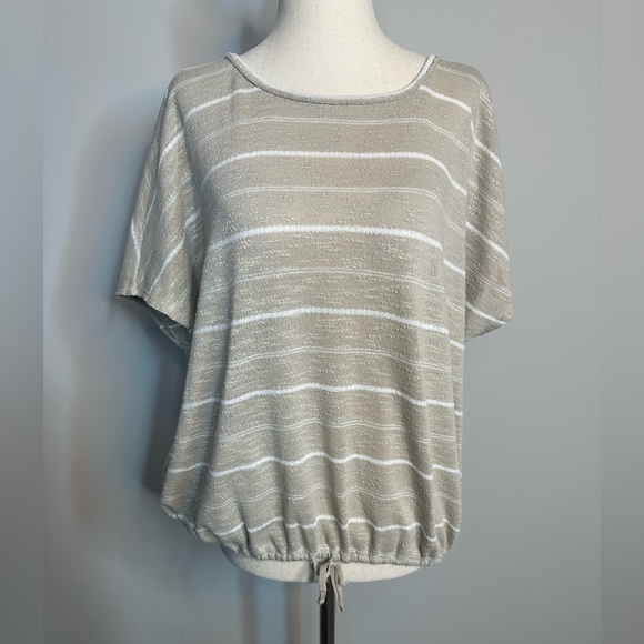 Sz L Max Studio tan white striped boat neck blouse cinched adjustable waist - Picture 1 of 8